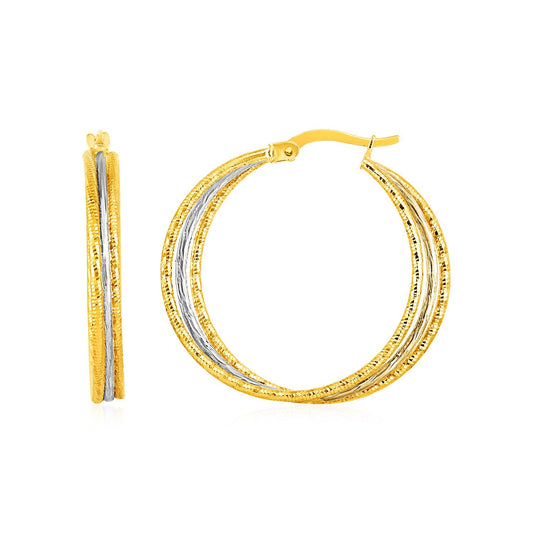Pendientes de aro texturizados de tres partes en oro blanco y amarillo de 14k