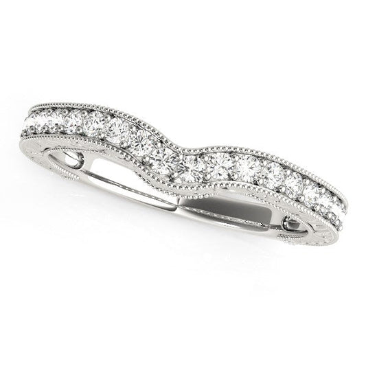 Anillo de boda curvo de oro blanco de 14k con borde de cuentas y diamantes (1/4 cttw)