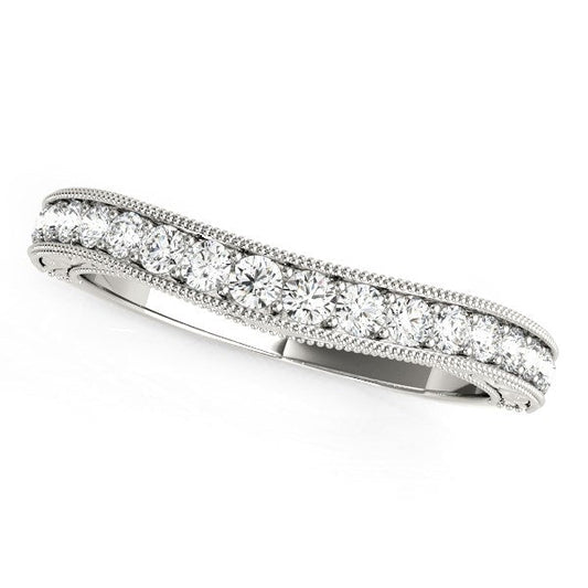 Anillo de boda de oro blanco de 14k con diamantes curvos con borde de cuentas (1/4 quilates en total)