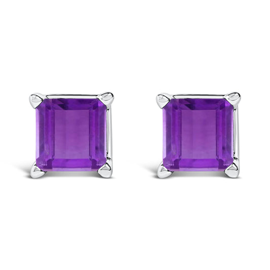 Pendientes de oro blanco de 14 quilates con amatista morada de corte princesa de 5x5 mm