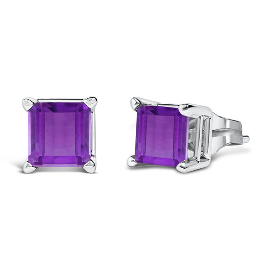 Pendientes de oro blanco de 14 quilates con amatista morada de corte princesa de 5x5 mm