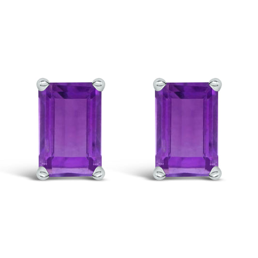 Pendientes de oro blanco de 14 quilates con solitario de amatista de 6x4MM con forma de esmeralda