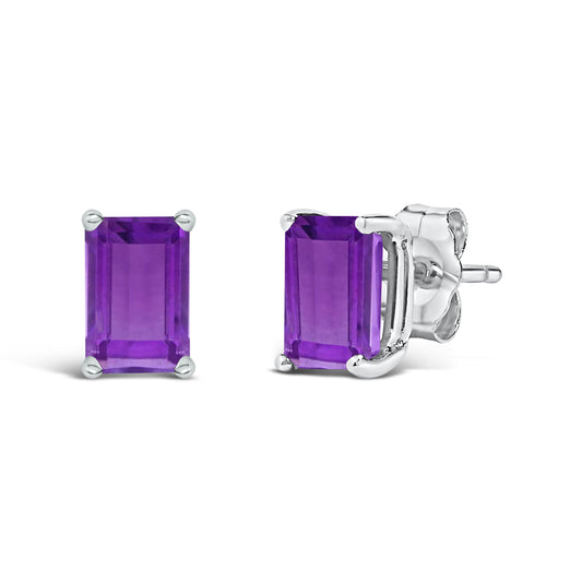 Pendientes de oro blanco de 14 quilates con solitario de amatista de 6x4MM con forma de esmeralda