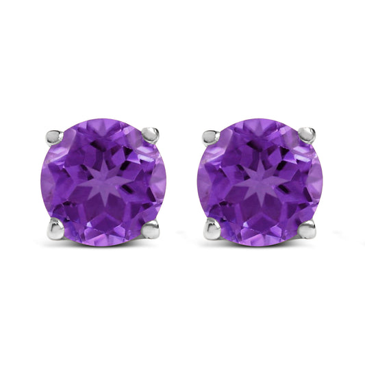 Pendientes de solitario de amatista morada redonda de 5x5 mm en oro blanco de 14K