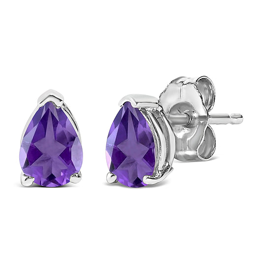 Pendientes de oro blanco de 14 quilates con solitario de amatista morada en forma de pera de 6x4MM