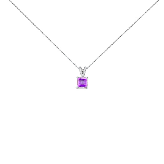 Collar con colgante solitario de amatista morada de oro blanco de 14 quilates con forma cuadrada de 5x5 mm