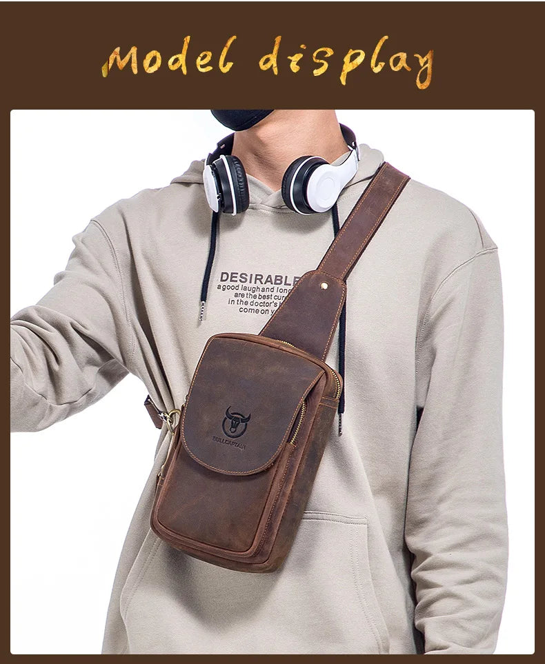 BULLCAPTAIN Bolsos cruzados para hombre de cuero Crazy Horse, bolso de pecho de cuero, bolsos cruzados retro para hombre con bolsillo de cremallera, bolso de viaje corto
