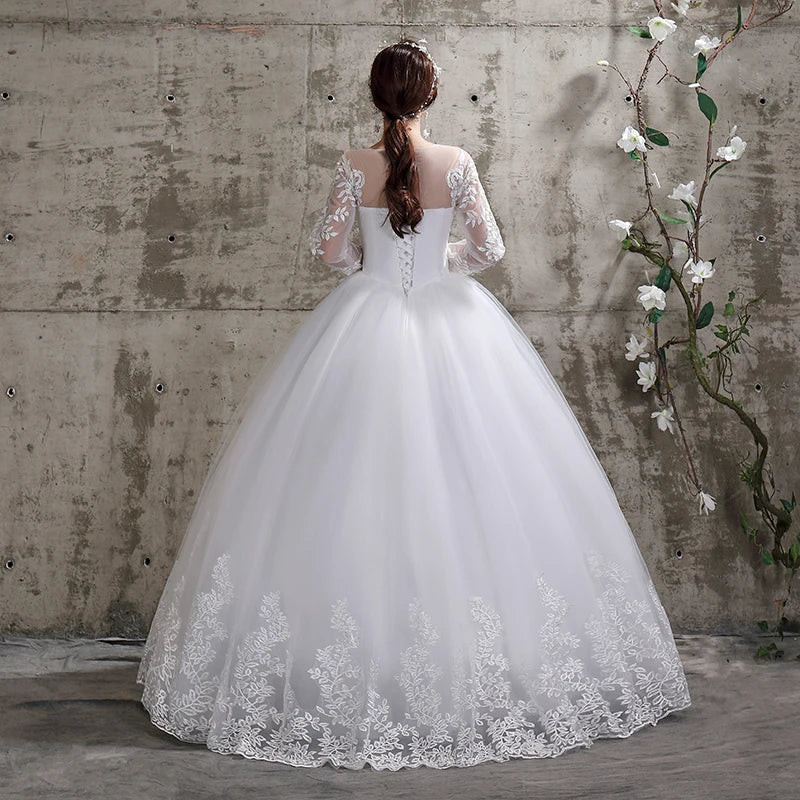 Dreamy Plus Size Floral Wedding Dress for Brides | Exquisite O-Neck Full-Sleeve Bridal Ball Gown | Luxury Lace-Up Organza & Matte Satin Dress | Model LF112 Custom Made Floor-Length Embroidered Gown Luxegan
