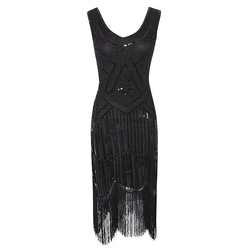 Vintage Sequin Full Fringed Flapper Dress | Roaring 20s Great Gatsby Party Gown | Plus Size XS-4XL Summer Knit Knee-Length Dress