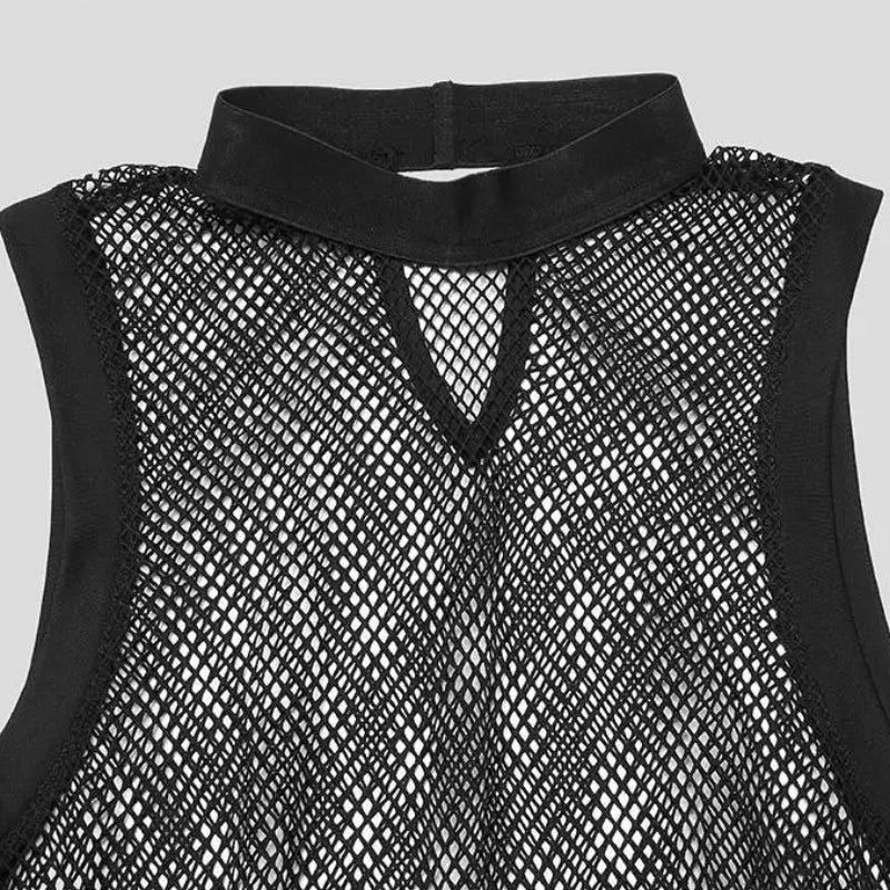Men’s Mesh Patchwork See-Through Bodysuit | Sophisticated "Sleeveless" Underwear Silhouette | Elegant Thin Breathable Romper | "Dignified" High-Performance Homewear for Radiant Versatile Styling Luxegan