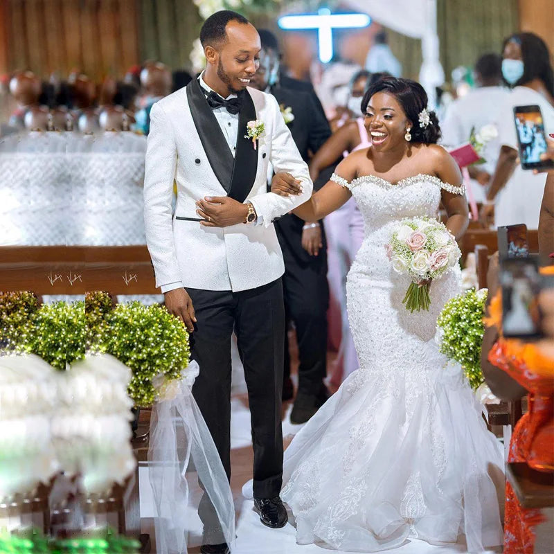 Exquisite Crystal Off-the-Shoulder Mermaid Bridal Gown | Vintage Tiered Organza & Tulle Silhouette | Custom Plus Size Africa Country Wedding Dress with Royal Lace-Up Back | Majestic Sweetheart Court Train Bridal Masterpiece Luxegan