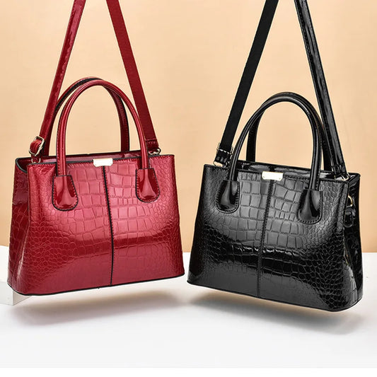 Luxury Patent PU Leather Shopping Tote | Structured Alligator Satchel Luxegan