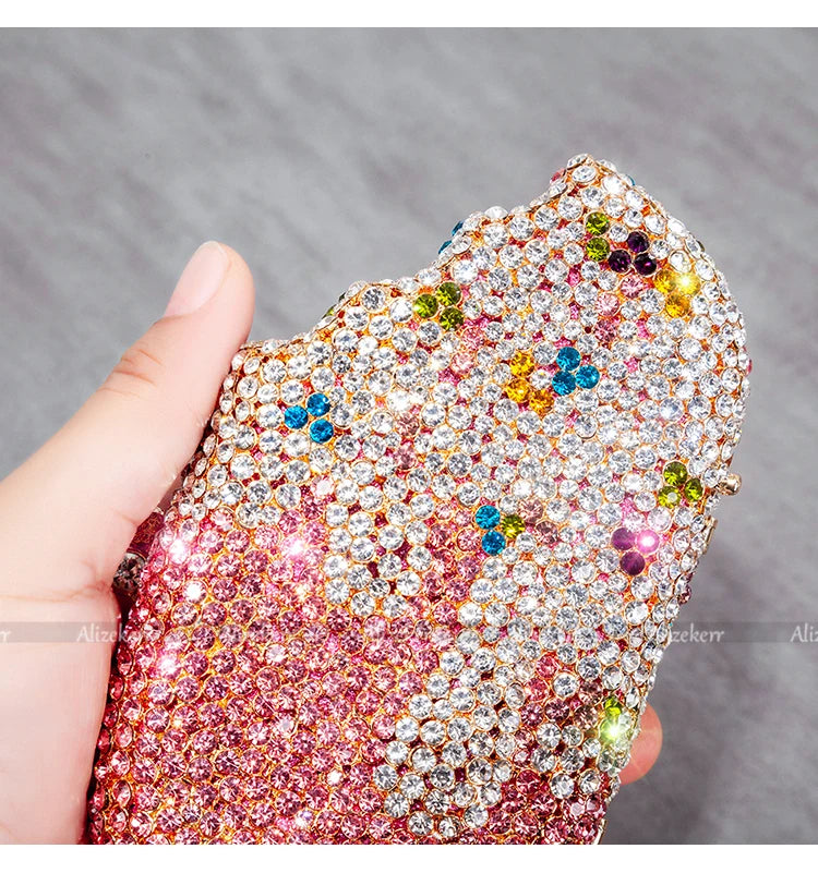 Luxury Ice Cream Diamond Evening Clutch | Sophisticated Novelty Kawaii Rhinestone Purse | Elegant High-Quality Metallic Mini Bag | "Dignified" Structured Minaudière for Party & Boutique Glamour Luxegan