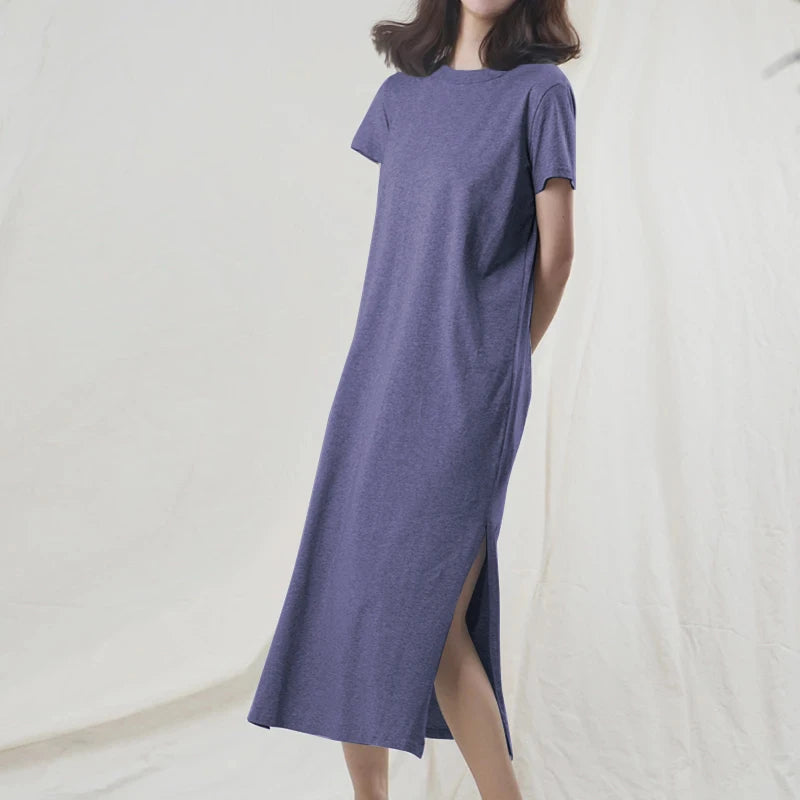 Women's Casual Cotton Summer Midi Dress | Fashionable Short Sleeve Split Sundress | Minimalist O-Neck High-Mobility Long Dress | Premium Slight Stretch Knit Loose Fit Vestido Model M30465 Luxegan