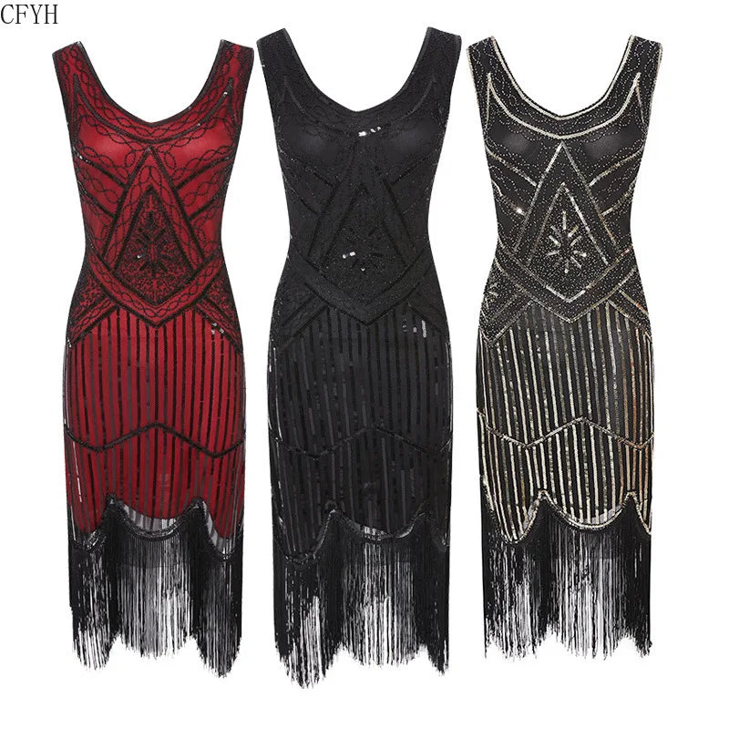 Vintage Sequin Full Fringed Flapper Dress | Roaring 20s Great Gatsby Party Gown | Plus Size XS-4XL Summer Knit Knee-Length Dress