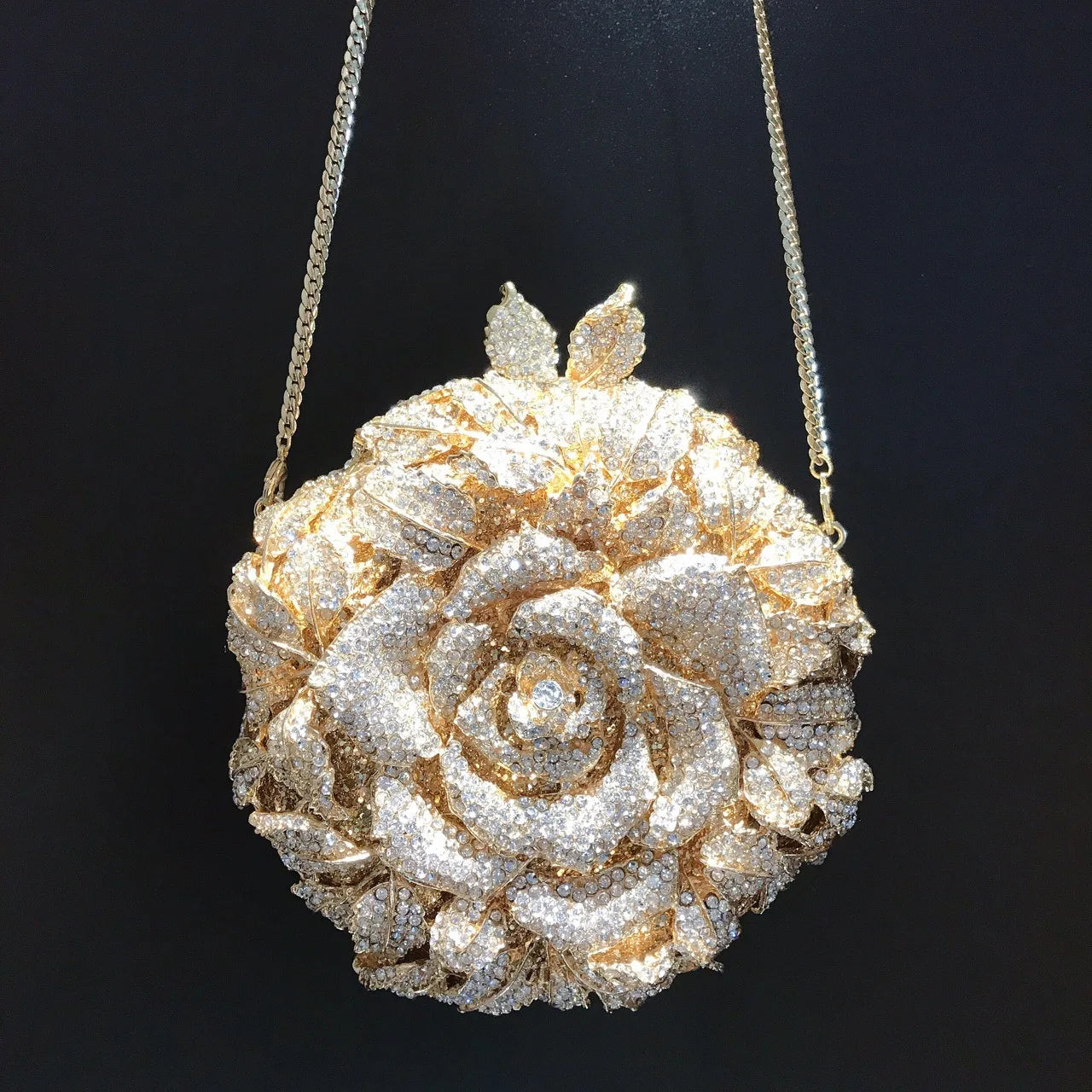 Luxury Diamond Crystal Rose Flower Clutch | Floral Metallic Evening Purse for Weddings & Brides | Sparkling Party Minaudière in Gold, Silver, & AB Diamonds Luxegan
