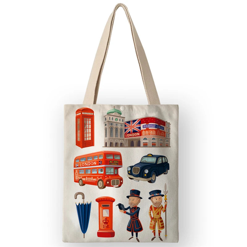 Vintage British Style Women's Canvas Shoulder Bags | Cartoon London Prints Shopping Handbags Totes Travel Luxegan