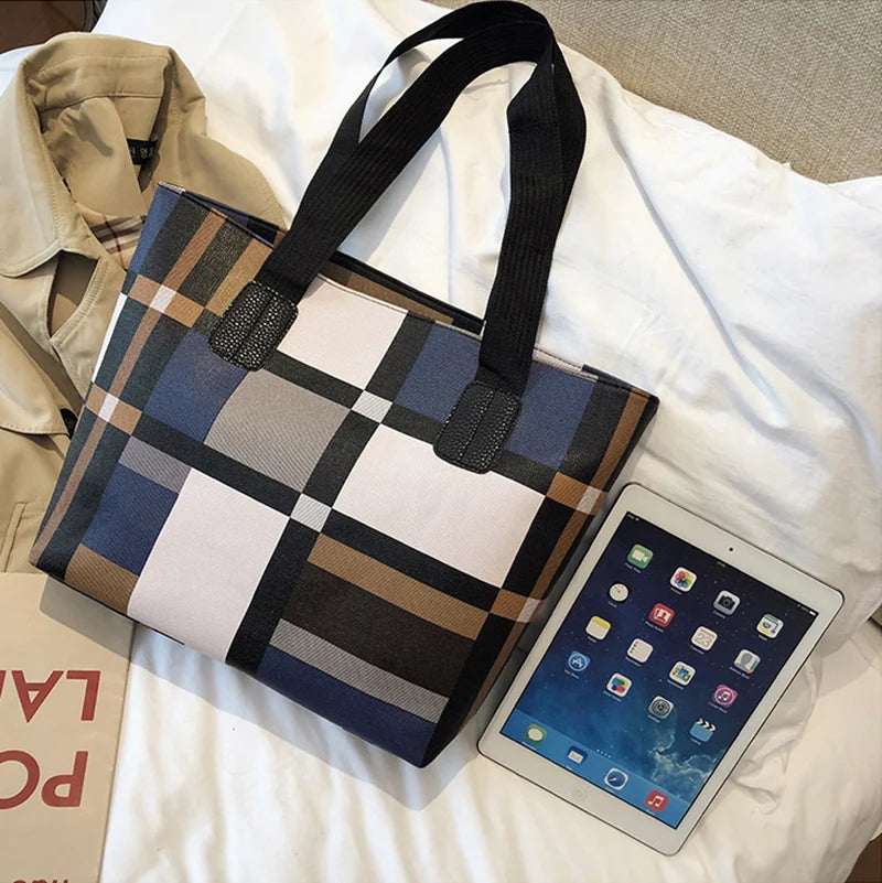 Large Capacity PU Leather Patchwork Tote | Soft Shoulder Shopping Bag Luxegan