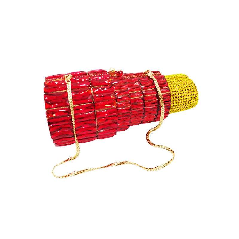 Red Lipstick Crystal Clutch Wallet | Sophisticated Novelty Fashion Evening Bag | Elegant Rhinestone Party & Dinner Handbag | "Dignified" Hard-Shell Barrel Purse with Metallic Finish Luxegan
