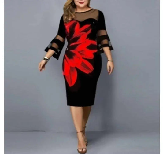 Elegant Plus Size 5XL Mesh Patchwork Party Dress | Vintage Floral Printed O-Neck Ladies Vestidos | Casual Cotton Knee-Length Summer Sheath Dress with Three-Quarter Sleeves Luxegan