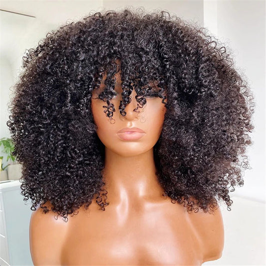 250% Density Afro Curly Short Bob Human Hair Wig with Bangs - Full Machine-Made Glueless Sparkle Curl Wig - 100% Brazilian Remy Human Hair Wear-and-Go Afro Fringe Wig for Black Women Luxgan