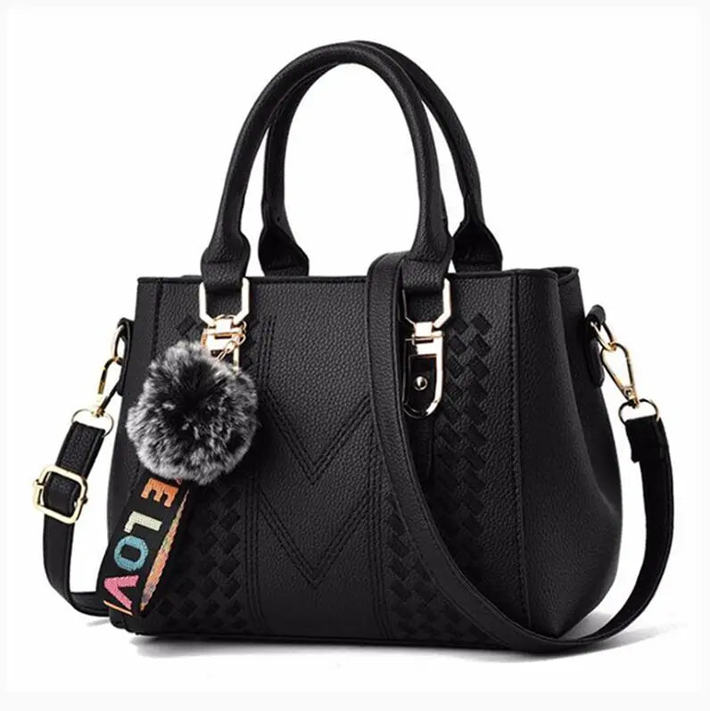 Women’s Embroidered Leather Handbag | Casual Satchel Messenger Bag | Ladies' Large Capacity Shoulder Bag with Decorative Hairball Pendant | Versatile PU Leather Top-Handle Bag Luxegan