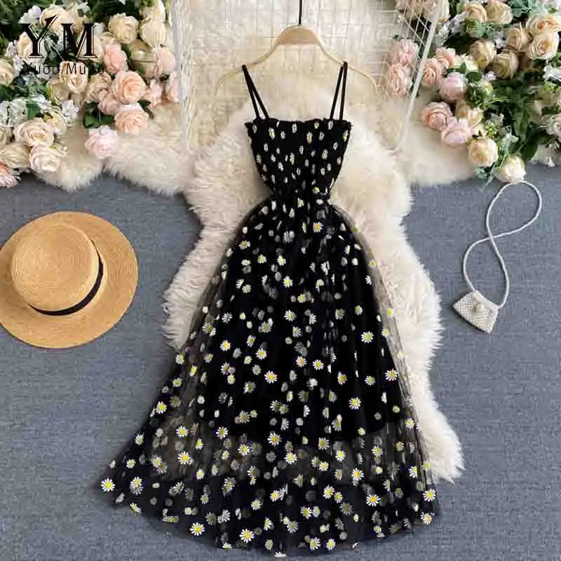 Print Square Neck Spaghetti Strap Sleeveless A-Line Mid-Calf Dress – Empire Waist, Summer Luxegan