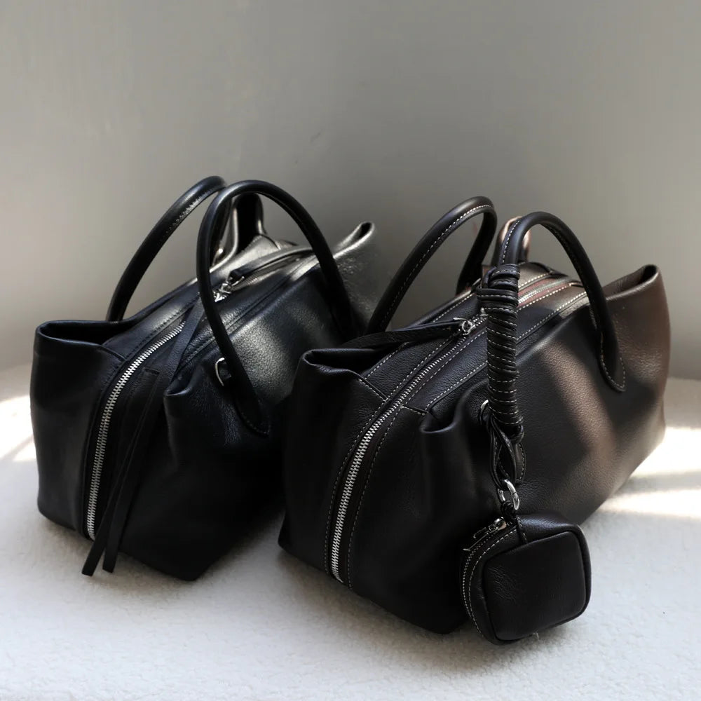Genuine Cowhide Single Shoulder Purse | Lazy Style Multiple Compartment Handbag | Anti-Theft Zippered Crossbody Bag | Fashionable Solid Color All-Season Tote (Model IN2482) Luxegan