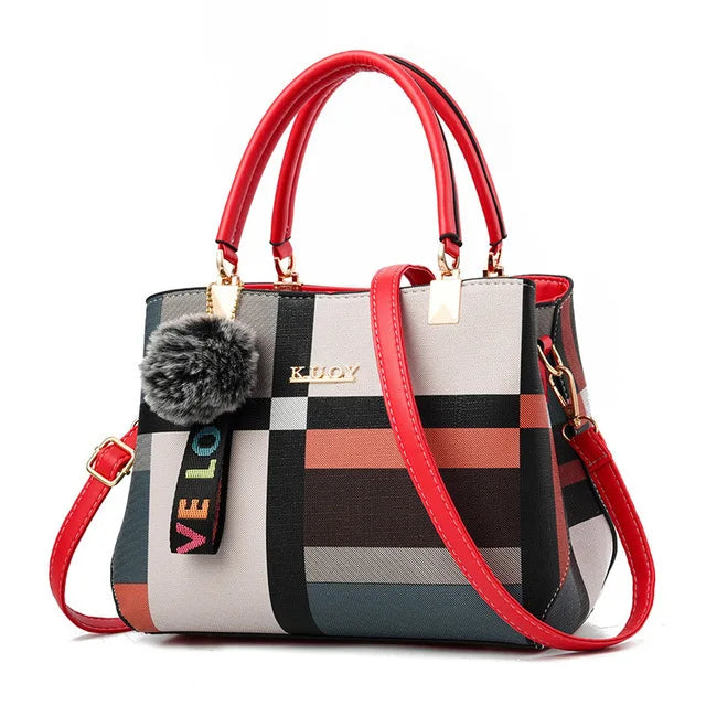 New Luxury Women’s Stitching Messenger Bag | Sophisticated Designer Brand Plaid Shoulder Bag | Elegant Patchwork Satchel Tote | Fashion-Forward PU Leather Handbag with "Dignified" Fur Decoration Luxegan