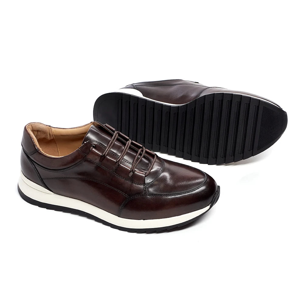 Men's Genuine Leather Casual Flat Shoes | Sophisticated Round Toe Lace-Up Silhouette | Elegant "Hard-Wearing" All-Season Footwear | "Dignified" Anti-Slippery Running Style Sneakers for Radiant Versatile Styling Luxegan