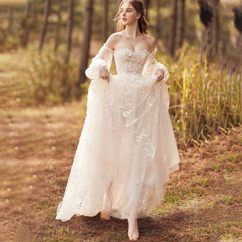 Exquisite Glitter Princess Bridal Ball Gown | Elegant Off-the-Shoulder Sweetheart Silhouette | Custom Made 3D Flowers & Pleated Tulle Wedding Dress | Royal Lace-Up Vestidos De Novias with Sweep Train Luxegan