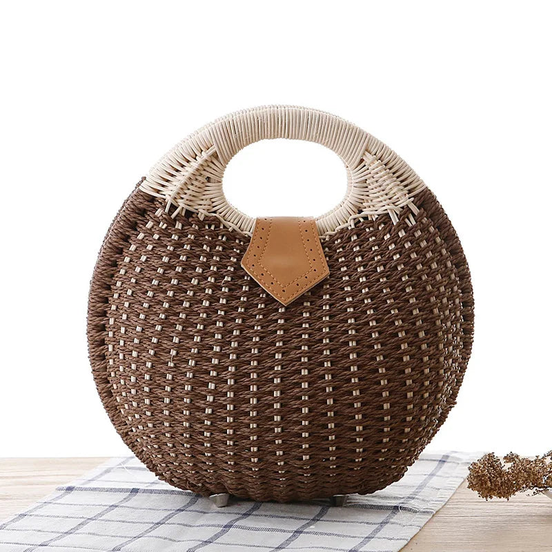 Hard Natural Rattan Shell Handbag | Bohemia Top-Handle Beach Tote & Clutch Luxegan