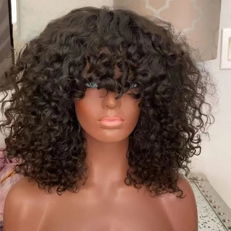 Ombre Short Bob Jerry Curly Human Hair Wig with Bangs - 180% Density Full Machine-Made Glueless Wig - 100% Brazilian Remy Human Hair Gradient Curly Fringe Wig for Black Women Luxegan