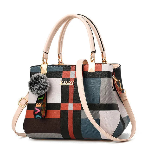 New Luxury Women’s Stitching Messenger Bag | Sophisticated Designer Brand Plaid Shoulder Bag | Elegant Patchwork Satchel Tote | Fashion-Forward PU Leather Handbag with "Dignified" Fur Decoration Luxegan