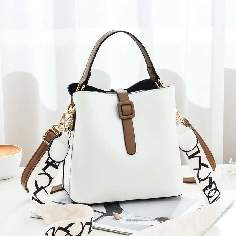 Girls' Fashion PU Leather Bucket Bag | Trendy Foreign Trade Women's Messenger Bag | Wide-Strap Letter Print Shoulder Bag | Versatile Daily Crossbody for All Seasons (Model 14289) Luxegan