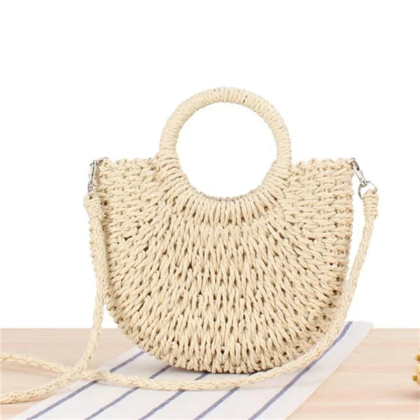 Handmade Half-Round Rattan Woven Straw Bag | Sophisticated Half-Moon Messenger Bag for Women | Elegant Small