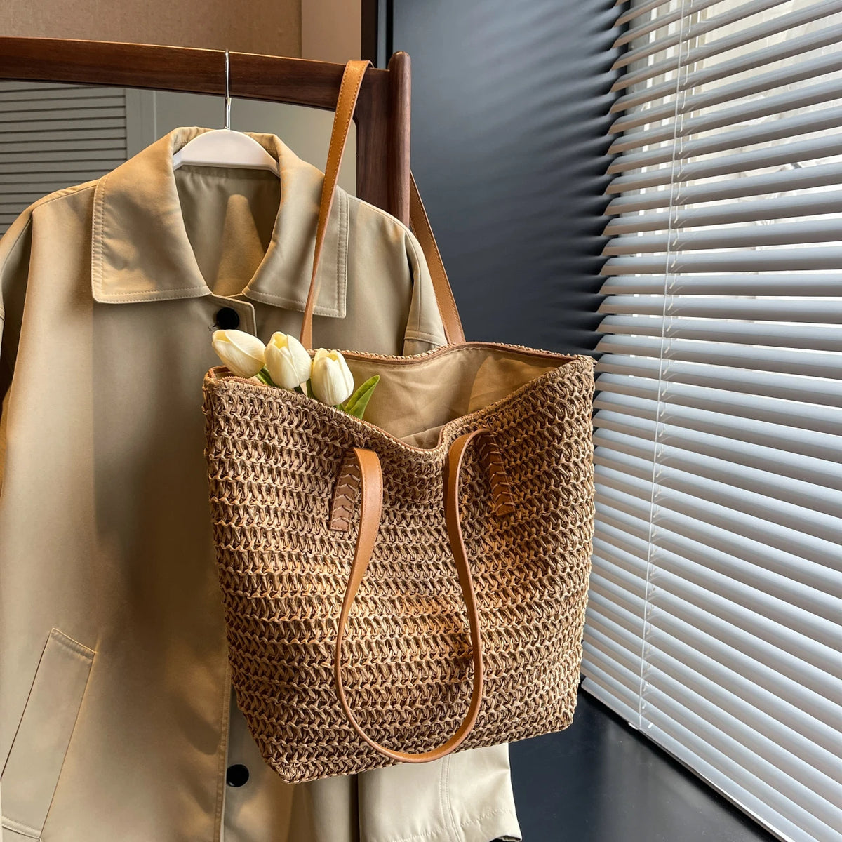 Handmade Natural Rattan Woven Tote | Summer Straw Beach Handbag | Portable 7-Inch Fashion Shoulder Bag | Minimalist Weave Purse for Travel & Outdoor (Model 2343) Luxegan
