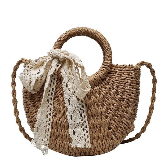 Handmade Half-Round Rattan Woven Straw Bag | Sophisticated Half-Moon Messenger Bag for Women | Elegant Small Beach Handbag for Girls | Luxury Bohemian Knitting Pattern Crossbody with "Dignified" Artisan Build Luxegan