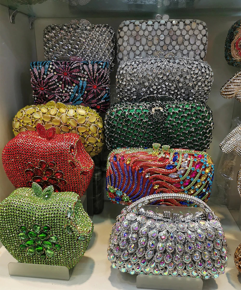 Luxury Diamond Crystal Rose Flower Clutch | Floral Metallic Evening Purse for Weddings & Brides | Sparkling Party Minaudière in Gold, Silver, & AB Diamonds Luxegan