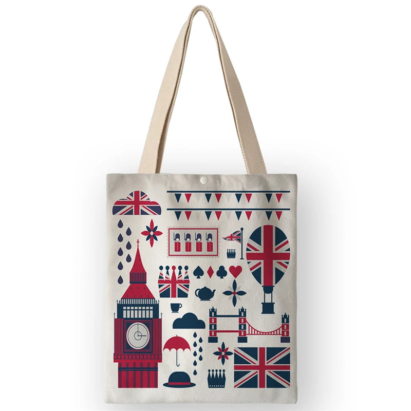 Vintage British Style Women's Canvas Shoulder Bags | Cartoon London Prints Shopping Handbags Totes Travel Luxegan
