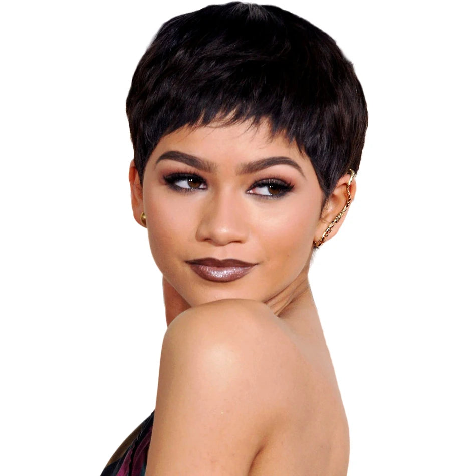 Silky Straight Short Bob Pixie Cut Wig with Bangs - Full Machine-Made Glueless Human Hair Wig - 100% Brazilian Remy Human Hair Natural Color Fringe Wig for Women (Short Length) Luxegan