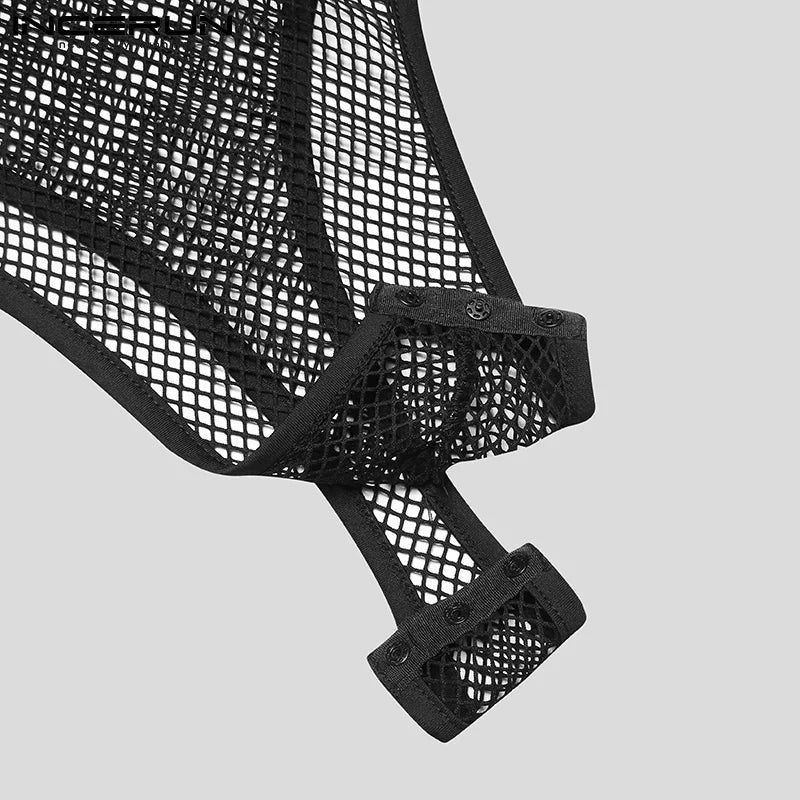 Men’s Mesh Patchwork See-Through Bodysuit | Sophisticated "Sleeveless" Underwear Silhouette | Elegant Thin Breathable Romper | "Dignified" High-Performance Homewear for Radiant Versatile Styling Luxegan