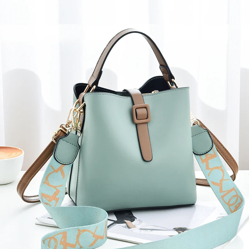 Girls' Fashion PU Leather Bucket Bag | Trendy Foreign Trade Women's Messenger Bag | Wide-Strap Letter Print Shoulder Bag | Versatile Daily Crossbody for All Seasons (Model 14289) Luxegan