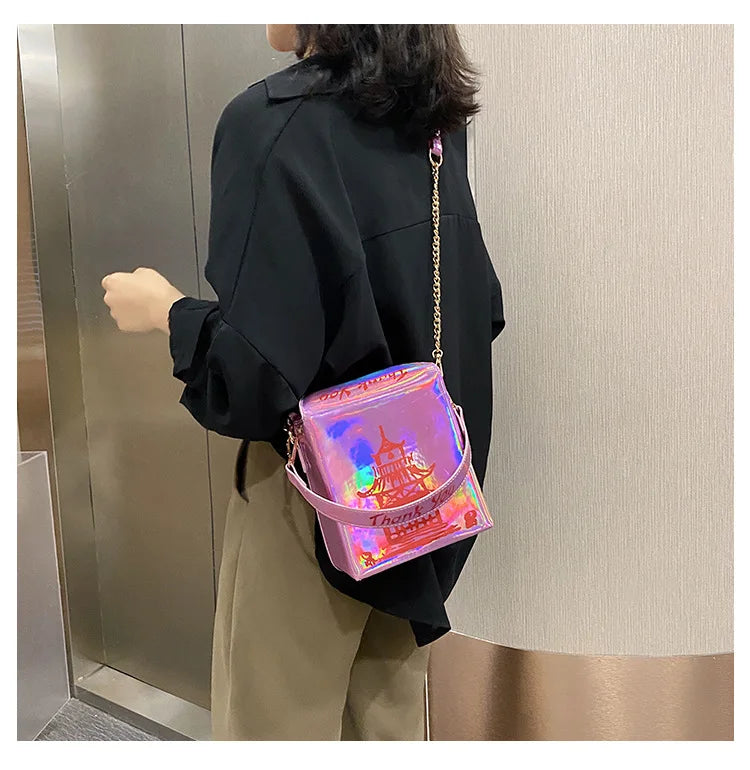 Takeout Box Inspired PU Leather Purse | Fashionable Women’s Crossbody Bucket Bag | Creative Shoulder Chain Bag with Cartoon Printing | Unique Landscape Pattern Square Handbag Luxegan