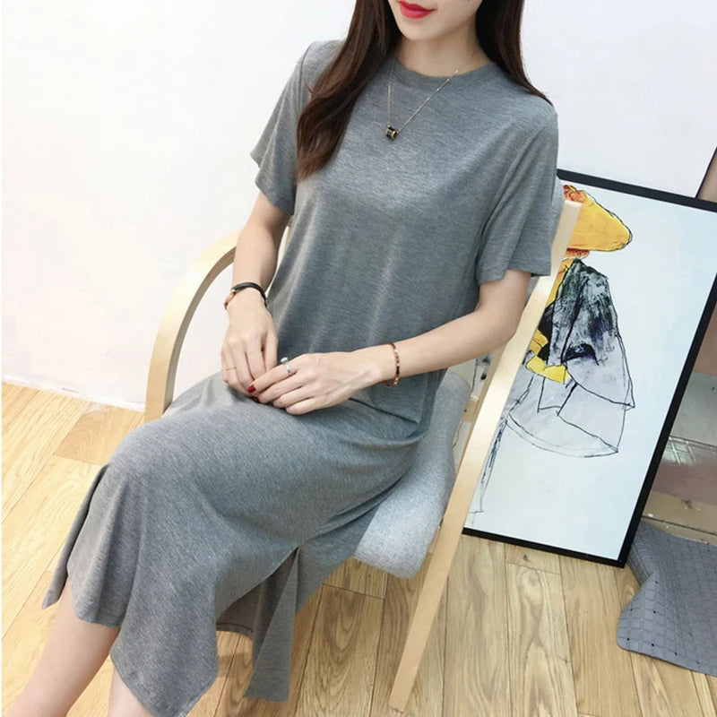 Original Casual 94% Cotton Summer Women's Dresses Solid Short Sleeve Spilt Long Midi Dress Fashion Sundress Female Clothing