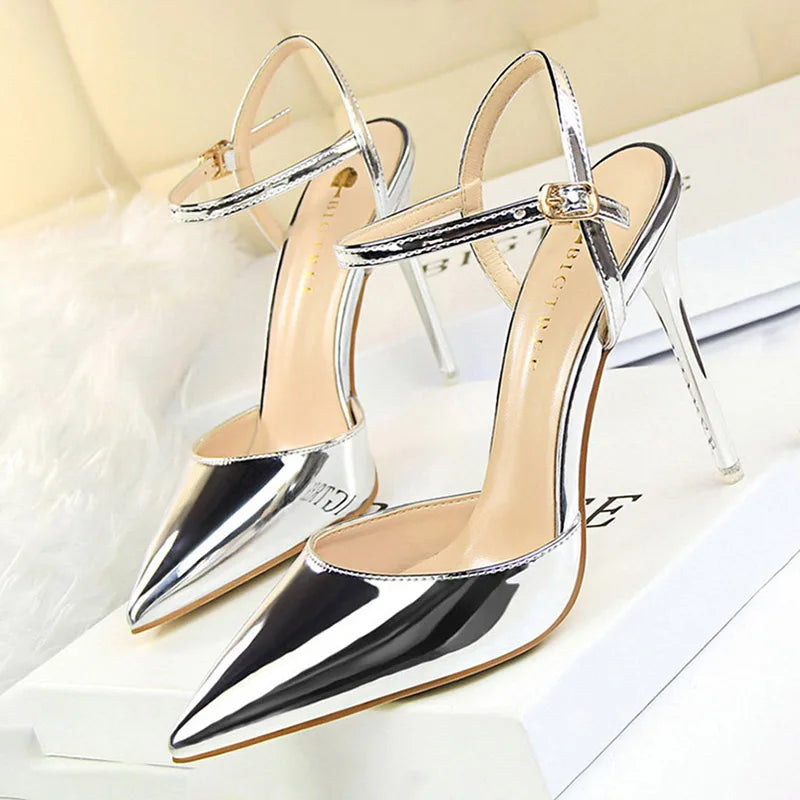 Metallic Patent Leather Stiletto Pumps | Sophisticated Blue & Silver Pointed Toe Heels | Elegant "Super High" Party Sandals | "Dignified" Shallow Mouth Stilettos for Radiant Versatile Styling Luxegan