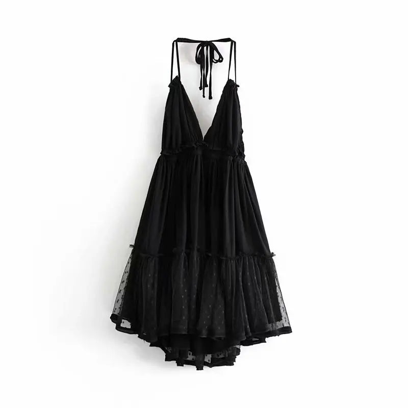Solid Casual Lace-Detailed V-Neck Spaghetti Strap Sleeveless Regular Fit A-Line Mini Dress – Medium-Stretch Viscose Brocade, Empire Waist, Summer Luxegan