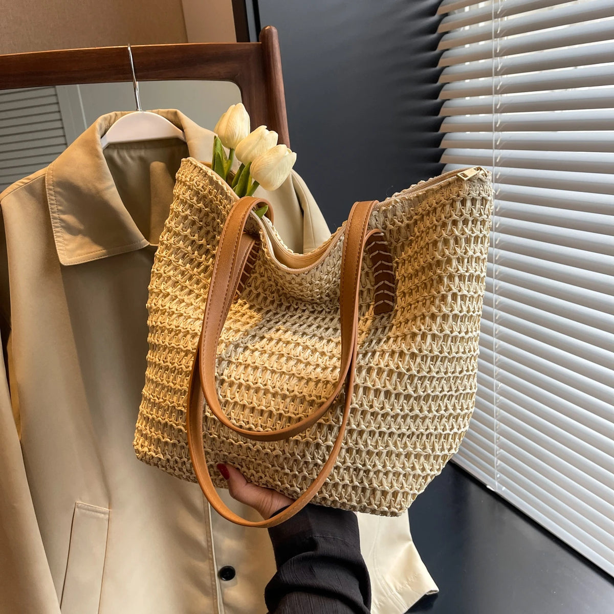 Handmade Natural Rattan Woven Tote | Summer Straw Beach Handbag | Portable 7-Inch Fashion Shoulder Bag | Minimalist Weave Purse for Travel & Outdoor (Model 2343) Luxegan