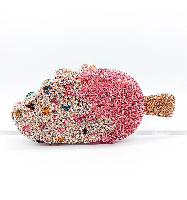 Luxury Ice Cream Diamond Evening Clutch | Sophisticated Novelty Kawaii Rhinestone Purse | Elegant High-Quality Metallic Mini Bag | "Dignified" Structured Minaudière for Party & Boutique Glamour Luxegan
