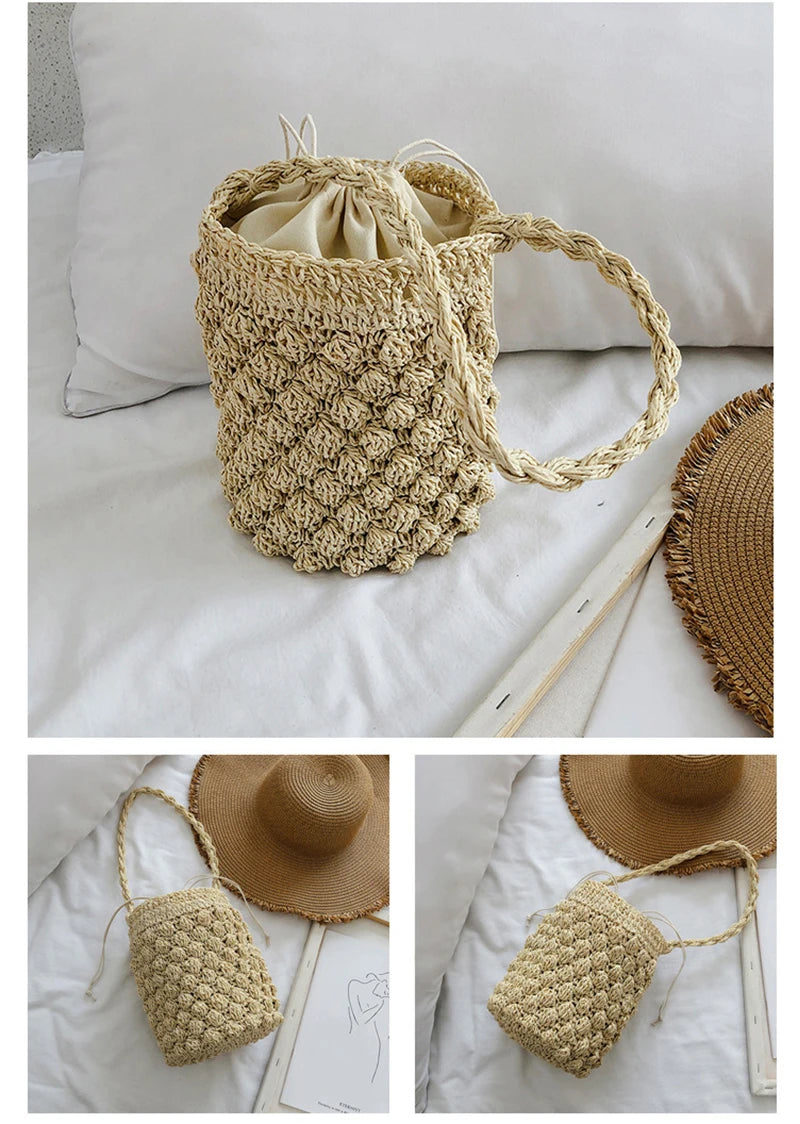 Summer Straw Shoulder Tote | Sophisticated Large-Capacity Rattan Bucket Bag | Elegant Handmade Woven Beach Bag | "Dignified" Soft Bohemian Handbag for Versatile Vacation Styling Luxegan